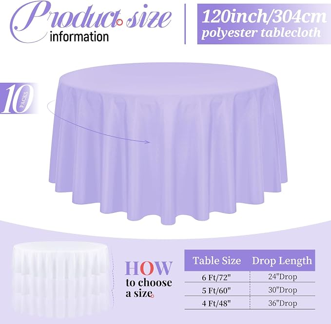Pesonlook 10 Pack 120 Inch Purple Round Table Cloths, Premium Polyester Round Tablecloth Wrinkle Resistant Washable Table Cover for Wedding, Party, Dining,Banquet,Buffet
