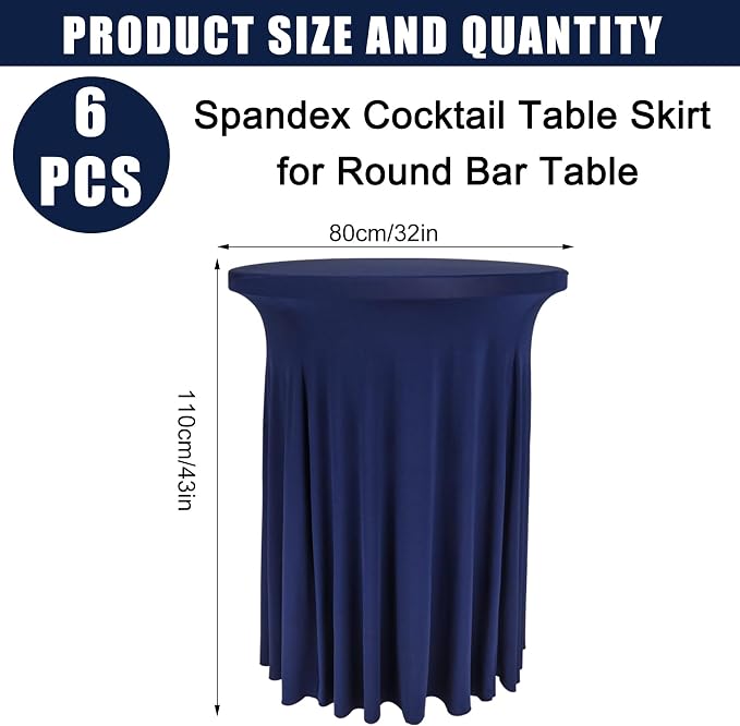 Fivenl 6 Pack Round Cocktail Tablecloth 32"x 43" Spandex Cocktail Table Skirt, Washable Stretch Fitted Table Covers for High Top Bar,Wedding,Party,Events (Navy Blue)
