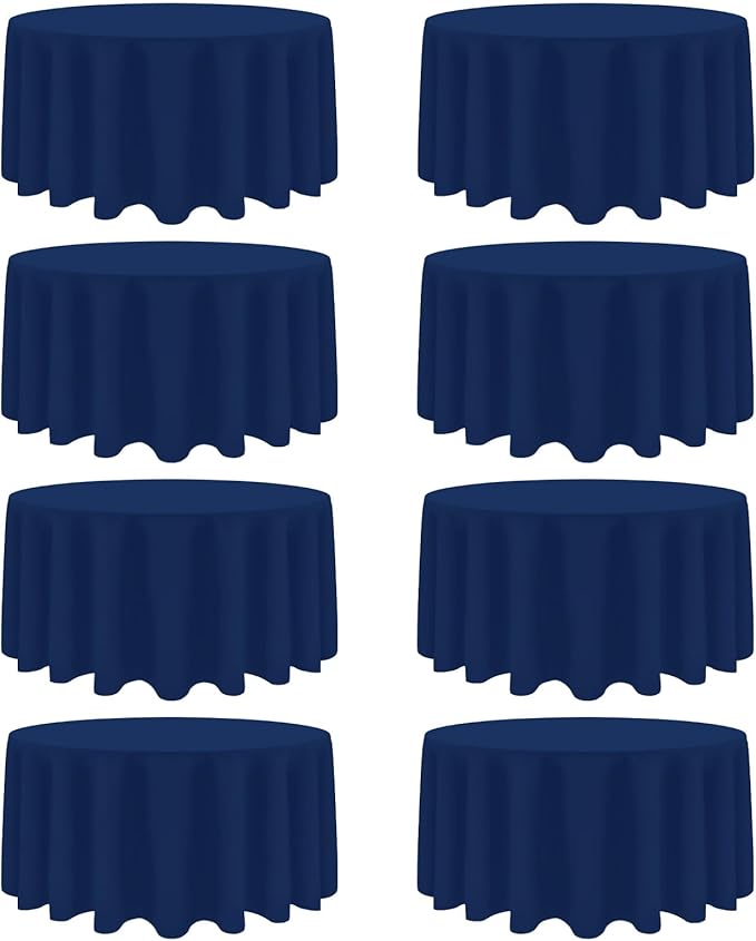 8 Pack Navy Blue Round Tablecloth 120 Inch Blue Table Cloth Stain and Wrinkle Resistant Round Navy Tablecloths Reusable and Washable Polyester Fabric for Buffet Wedding Party Banquet