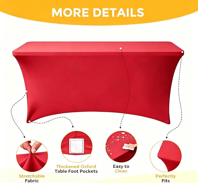 Red Spandex Tablecloth 6 Pack, 8FT Fitted Stretch Table Cloth with Reinforced Foot Pockets for 96 x 30 x 30 Inch Rectangle Tables, Washable Table Covers for Trade Shows, Weddings, Parties