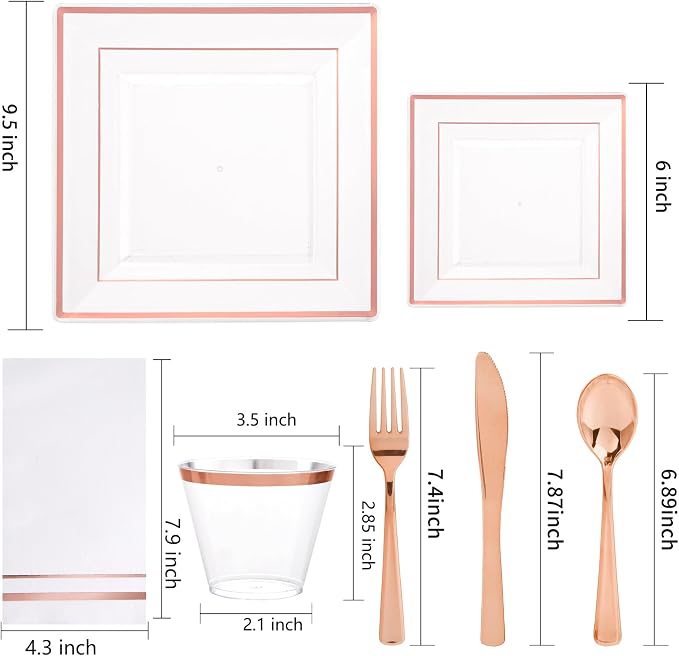 Festiva 350Pcs Rose Gold Plastic Plates - Clear Rose Gold Disposable Dinnerware Sets for 50Guests include 100 Plates 50 Cups 50Plastic Cutlery 50Napkins for Party&Wedding& Bridal Shower
