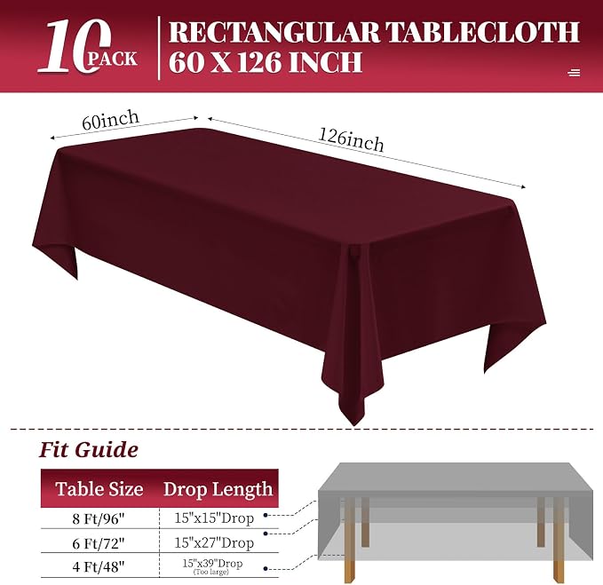 10 Pack Burgundy Tablecloth 60 x 126 Inch Table Cloths for 8 Foot Rectangle Tables Washable Polyester Fabric Burgundy Table Cloth Rectangle for Parties Wedding Banquet