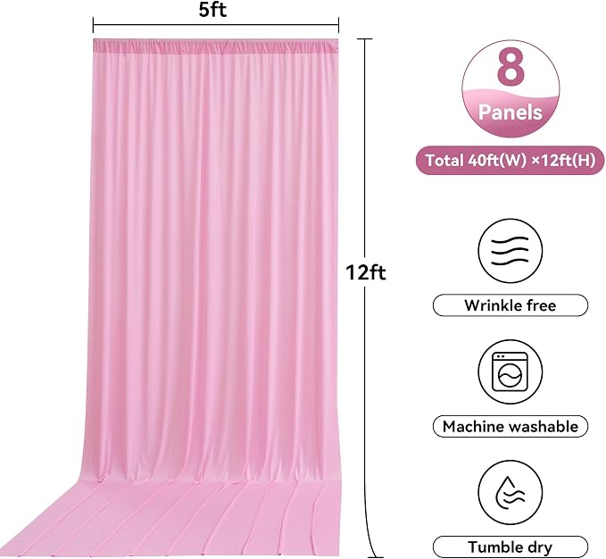 8 Panels 5ftx12ft Wrinkle Free Pink Backdrop Curtain for Parties, Silky Polyester Photo Backdrop Drapes 12 ft Long Back Drop Cloth for Wedding Birthday Photography Background Curtains