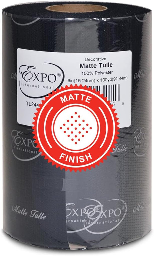 Expo International Decorative Matte Tulle, Roll/Spool of 6” X 100 Yards, Lightweight Polyester Tulle Fabric for Tutus, Costumes, and Party Decorations, Washable, Easy-to-Use, Black
