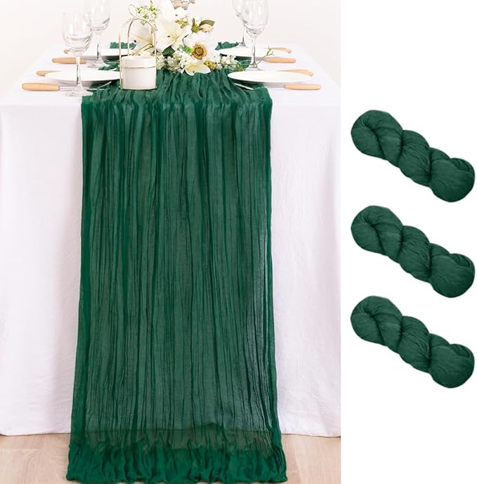MLMC 3 Pack Emerald Green Cheesecloth Table Runner Boho Dark Green Cheese Cloth Table Runner 10ft Sheer Gauze Cheesecloth Decorations for Wedding Home Party Decor