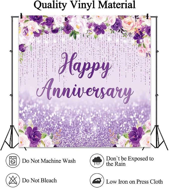 10x10ft Happy Anniversary Backdrop, Floral Glitter Backdrop for Women Wedding Anniversary Decoration Violet and Pink Flowers Photography Background Cake Table Banner Party Decor