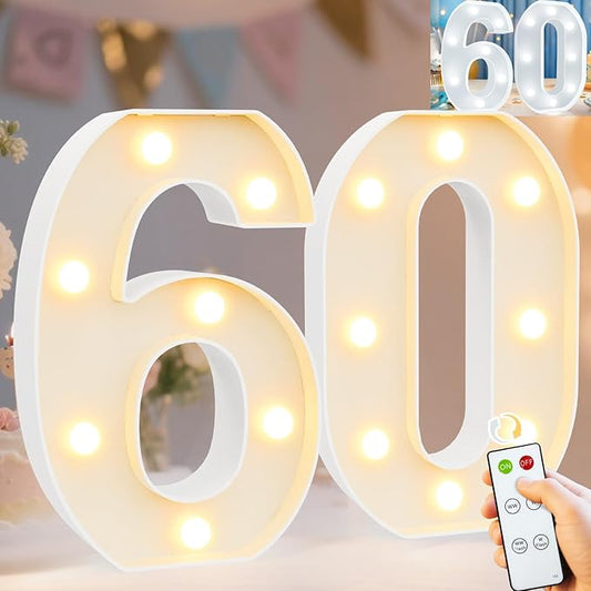 Pooqla 60th Birthday Decorations for Men Women, Decorative Marquee Numbers with Remote, Light Up 60 Sign for Party Backdrop 60th Wedding Anniversary Decor, Warm White and Cool White Number 60