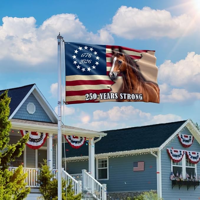 FLAGWIX American 250 Years Anniversary Horse Flag - Polyester Double-sided Yard Flags For Outside Grommet Flag, 3x5 ft - 4th of July Decorations for Home Yard Garden Decor Banner, Gifts For Men Women