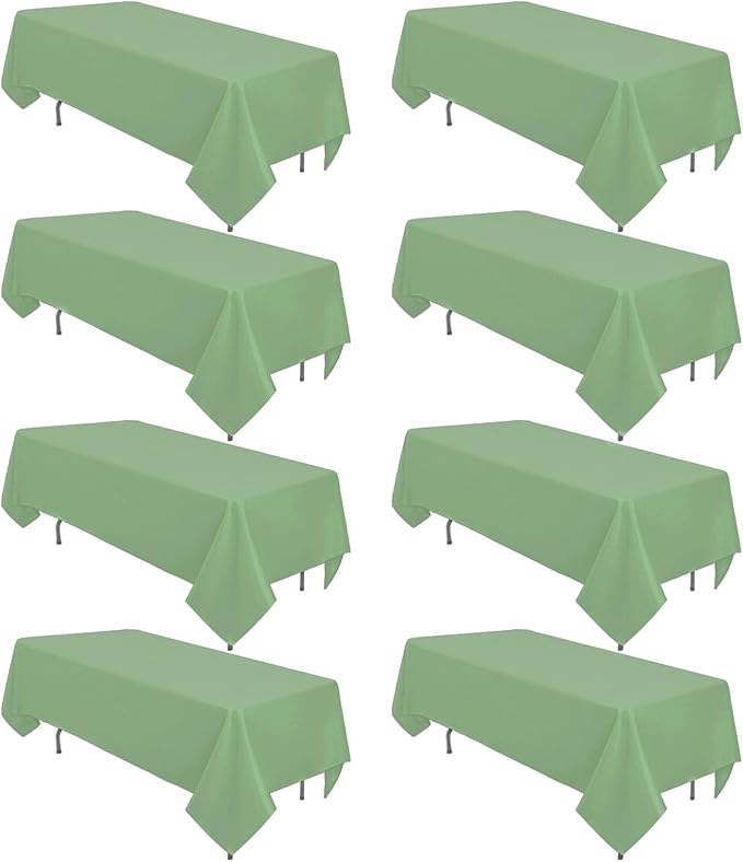8 Pack Sage Green Tablecloth 60 x 102 Inch Polyester Table Cloth for 6 Foot Rectangle Tables, Wrinkle Resistant Washable Decorative Fabric Table Covers for Wedding Party Banquet Buffet and Camping