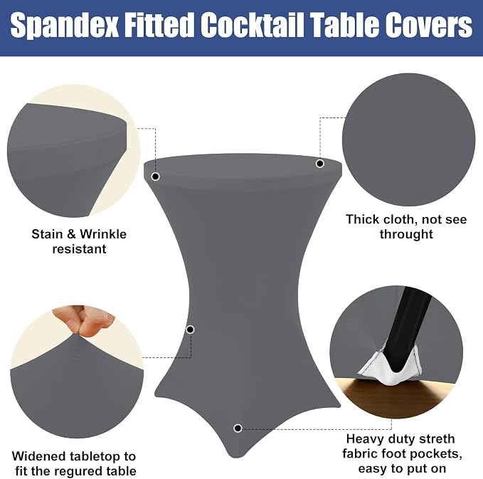 Moosfor Spandex Cocktail Table Covers 4 Pack, Elastic Fitted Stretch Table Cloth, Round High Top Tablecloths for Bar, Party, Pub, Wedding & Banquet (Dark Grey, 32x43 Inch)