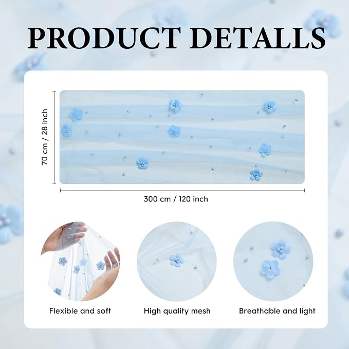 Artoid Mode Blue Flower Pearl Blue Gauze Table Runner 10FT 3PC, Seasonal Sheer Dining Holiday Wedding Birthday Baby Shower Table Decor for Home Party