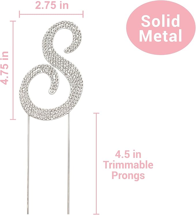 Letter S Cake Topper - Premium Silver Metal - S Monogram Wedding or Anniversary Party Sparkly Rhinestone Initial Decoration Makes a Great Centerpiece - Now Protected in a Box