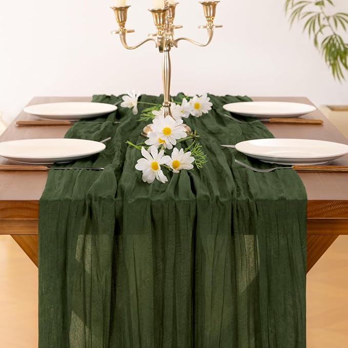 Socomi 2pcs Olive Green Spring Cheesecloth Table Runner Boho Rustic Gauze 120 inch 10FT Cheese Cloth Runner for Wedding Party Baby Shower Birthday Home Decor