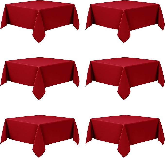 6-Pack Red Tablecloths for Square Tables, 70 x 70 Inches, Stain-Resistant Polyester Fabric for 3 Foot Tables - Washable Table Covers for Weddings, Banquets, Birthday Parties, Events