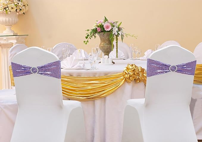 Sequin Lavender Chair Sashes for Wedding Decor, Light Purple Chair Bands with Buckles, Sequins Chair Bows Ties for Party Ceremony Event Christmas Decorations, 50 Pack