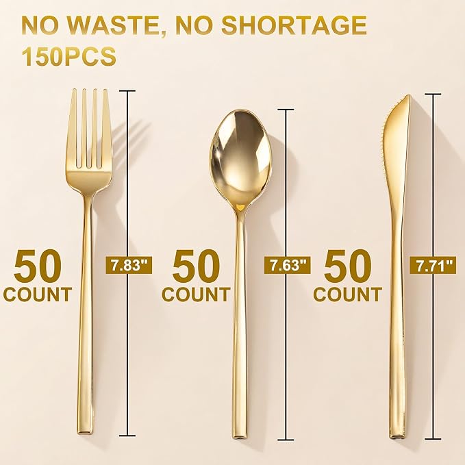 Tinybee 150PCS Gold Plastic Silverware - Heavy Duty Disposable Silverware, Luxury Gold Plastic Utensils - Elegant Disposable Utensil Include 50 Knives, 50 Forks, 50 Spoons Perfect for Party&Wedding
