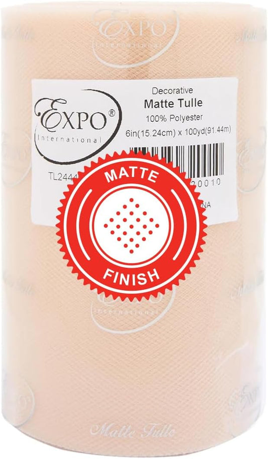 Expo International Decorative Matte Tulle, Roll/Spool of 6” X 100 Yards, Lightweight Polyester Tulle Fabric for Tutus, Costumes, and Party Decorations, Washable, Easy-to-Use, Beige