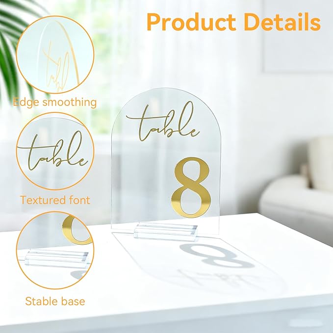 Wedding Table Numbers 1-10 with Holders, 5 x 7 Inch Transparent Acrylic Reception Table Signs Golden Letters, Number Cards for Party, Restaurant