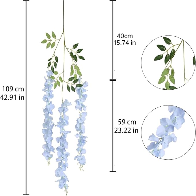 12Pack Wisteria Hanging Flowers Vines 3.6ft Baby Blue Artificial Flowers Fake Wisteria Bushy Garland Silk Flowers Hanging Rattan String for Garden Home Wall Wedding Party Decor (Baby Blue)