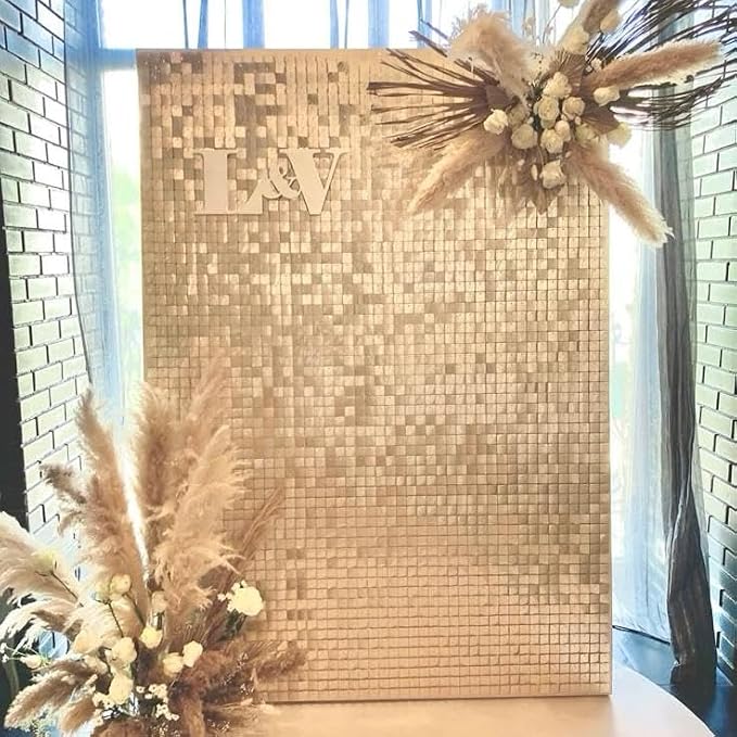 COKAOBE Champagne Gold Sequin Wall Backdrop, 24PCS Square Sequin Shimmer Backdrop Panel, Photo Backdrops for Birthday, Anniversary, Wedding, Graduation & Bachelorette Party Decoration