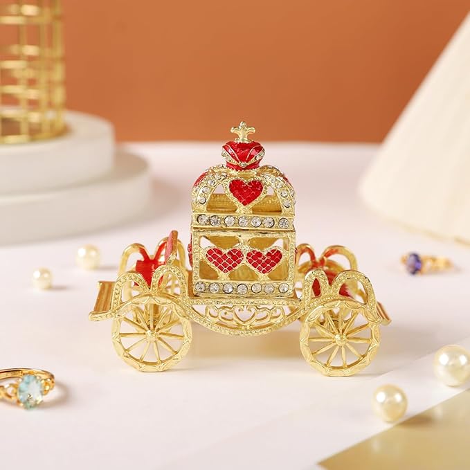 Retro Hollow out Carriage Trinket Box Small Jewelry Boxes Hand-Painted Christmas Gift for Women(Red)