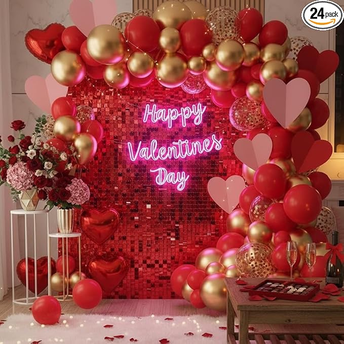 Red Shimmer Wall Backdrop 24 Panels Cover 6 x 4 Ft, Photo Backdrops for Wedding,Anniversary,Birthday,Party Decoration