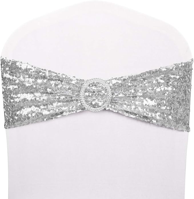 Pack of 50 Chair Sashes Sequin Stretchy Spandex Bands Decorative Bows One-Sided Sequins Decor for Romantic Wedding Party Home Chair Cover Sash Decorations - Silver