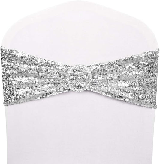 Pack of 25 Chair Sashes Sequin Stretchy Spandex Bands Decorative Bows One-Sided Sequins Decor for Romantic Wedding Party Home Chair Cover Sash Decorations - Silver