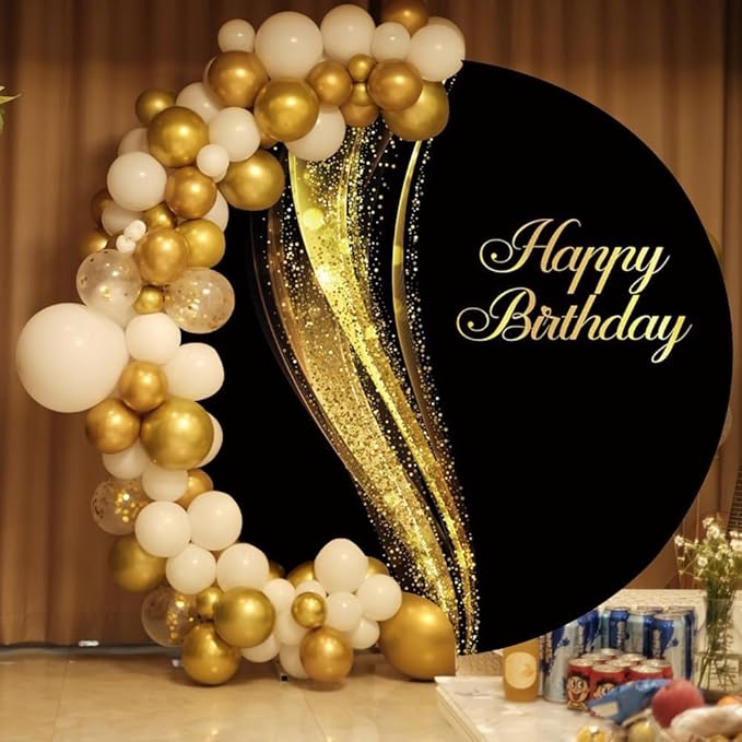 Black and Gold Round Backdrop 6ft Shining Gold Happy Birthday Round Photography Backdrop Fabric Portrait Birthday Party Decorations Polyester Cover Photo Booth Studio Prop