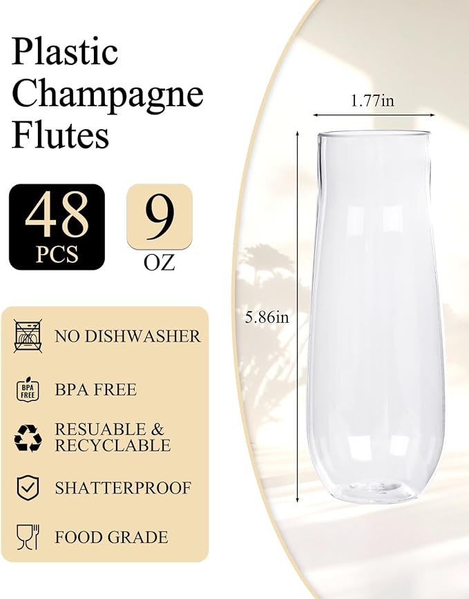 Ciaell 48 Pack Plastic Champagne Flutes - 9 Oz Disposable Champagne Glasses - Stemless Mimosa Glass for Parties & Weddings & Birthdays