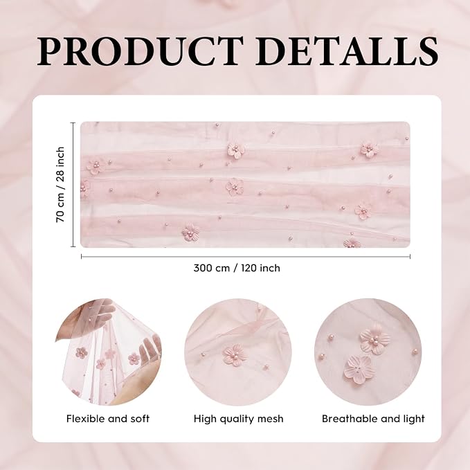Artoid Mode Pink Flower Pearl Pink Gauze Table Runner 10FT 3PC, Seasonal Sheer Dining Holiday Wedding Birthday Baby Shower Table Decor for Home Party