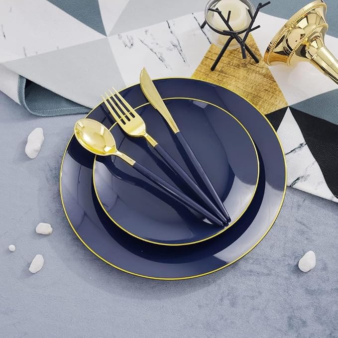 Liacere 150PCS Blue Plastic Plates - Gold Plastic Silverware with Blue Handle - Navy Disposable Plates Include 30 Guests Plates,Forks,Spoons,Knives for Party & Back to School Party & Labor Day