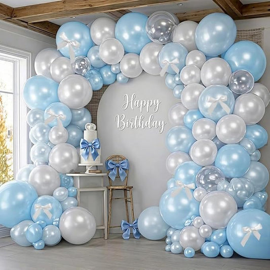 Blue White Balloon Garland Double Stuffed Light Baby Blue Balloons White Bow Bobo Pearl Balloon Arch Kit for Wedding Birthday Baby Shower Winter Princess Party Decorations