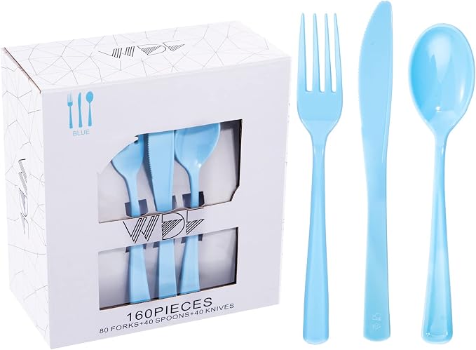 WDF 160 Piece Blue Plastic Silverware - Heavy Duty Blue Silverware Includes 80 Forks, 40 Spoons, 40 Knives, Disposable Plastic Utensils Perfect for Wedding/Birthday/Party