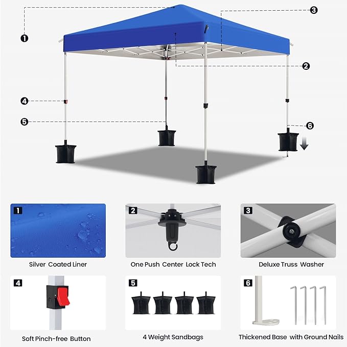10x10 Pop Up Canopy Tent,Outdoor Canopy with One Push Setup,Easy Up Canopy with 3 Adjustable Height,4 Sandbags, UPF 50+ Event Shelter Tents for Parties,Camping,Market,Patio(Blue)