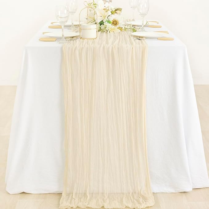 MLMC 6 Pack Beige Cheesecloth Table Runner 10ft Rustic Boho Gauze Cream Table Runner Bulk Decor 65x120 Inches for Wedding Bridal Baby Shower Party Decor