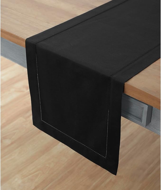 Solino Home Cotton Linen Black Table Runner 120 Inches Long - Hemstitch 14 x 120 Inch Table Runner for Spring, Summer, Mothers Day