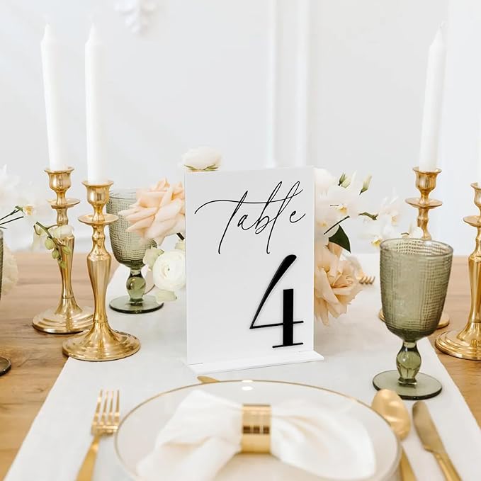 Acrylic Wedding Table Numbers 1-15 with Stands, 5"x7" White Acrylic Signs with 3D Black Numbers, White and Black 3D Table Numbers for Wedding Reception, Anniversary, Event