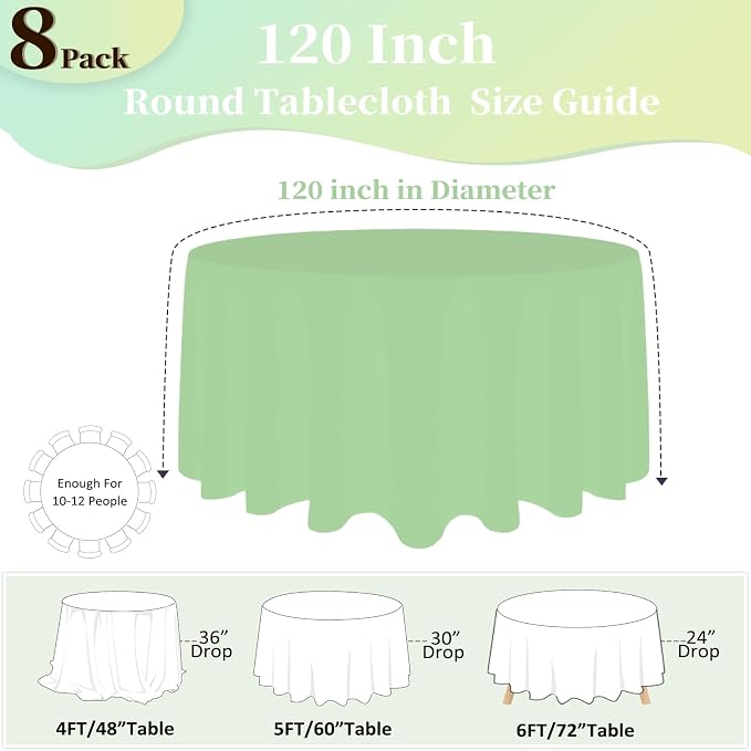 8 Pack Light Green Round Tablecloth 120 Inch Round Table Cloth, Wrinkle Resistant and Washable Tablecloth Polyester Fabric Table Cloth Round Cover for Dining Wedding Banquet Party