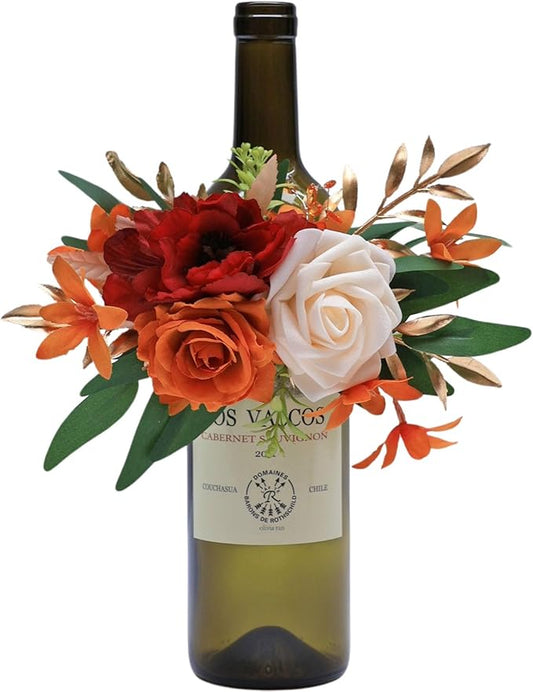 CherishedMoments 1Pcs Wine Bottle Flower Set, Dining Tables, Plates Decorations，Burnt Orange Artificial Flowers Wine Cup for Wedding Ceremony Anniversary, Wedding Home Decor