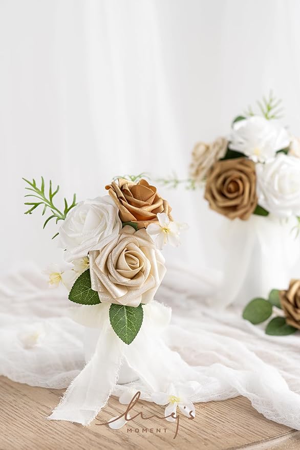 Ling's moment Artificial Flowers 25Pcs Gold Roses Decor w/Stems,3" DIY Foam Floral for Wedding Bouquet/Centerpieces, Outdoors Party Backdrop, Room/Table, and Garden/Pot Decorations