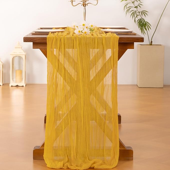Socomi 3pcs Gold Yellow Summer Cheesecloth Table Runner Boho Rustic Gauze 120 inch 10FT Cheese Cloth Sheer Runner for Wedding Party Baby Shower Birthday Home Decor Holiday Decorations
