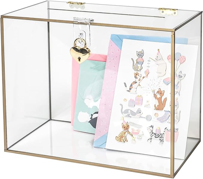 Red Co. 10.5” x 8.5” Clear Acrylic Wedding Card Box with Golden Frame and Heart Shaped Lock