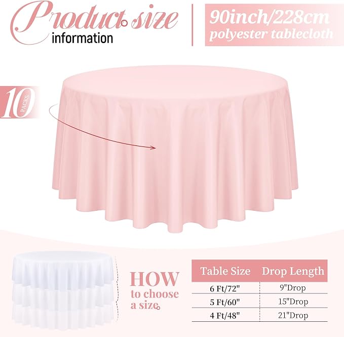 Pesonlook 10 Pack Pink Round Tablecloths 90 Inch, Polyester Table Cloth Bulk for Round Tables, Stain and Wrinkle Resistant Circle Table Cover for Wedding Party Dining Banquet