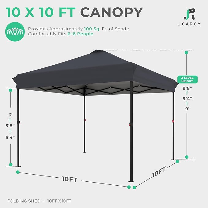 JEAREY 10x10 ft Pop Up Canopy Tent, Heavy Duty Outdoor Canopy with 1-Push Instant Setup, Commercial Tent with Roller Bag, 4 Sandbags and 8 Stakes, Water-Resistant, Gray