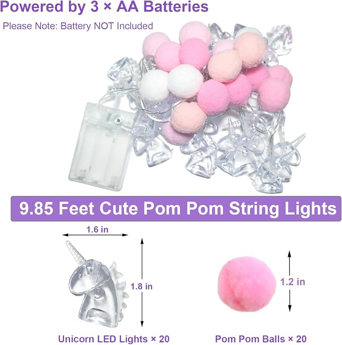 9.85FT Colorful Indoor String Lights with 20 Pink PomPoms 20 Unicorn LED Indoor String Lights Battery Operated with Timer for Home Bedroom Kids Playhouse Birthday Wedding Party Holiday Christmas Decor