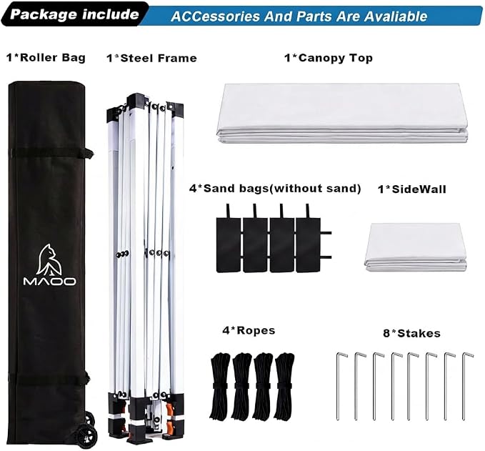 MAOO 10x10 Pop Up Canopy Tent with Sidewall, Easy Setup Instant Outdoor Canopy, 210D Silver Coated Waterproof UPF 50+ Sun Shade Shelter, Heavy Duty Steel Frame, Roller Bag,Khaki (White)