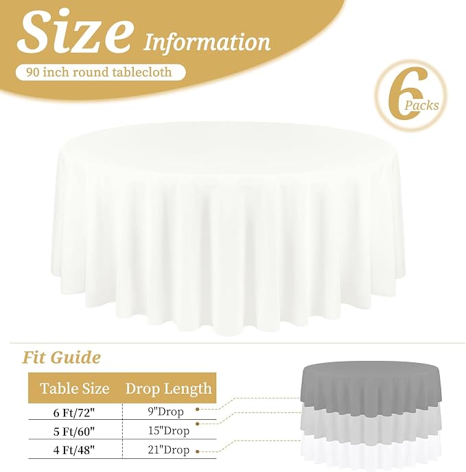 YMHPRIDE 6 Pack Round Tablecloth Ivory Tablecloths 90 Inch Polyester Round Table Cloth,Ivory Tablecloth Round 90 inch Washable Fabric Table Covers for Wedding,Party,Dining,Banquet