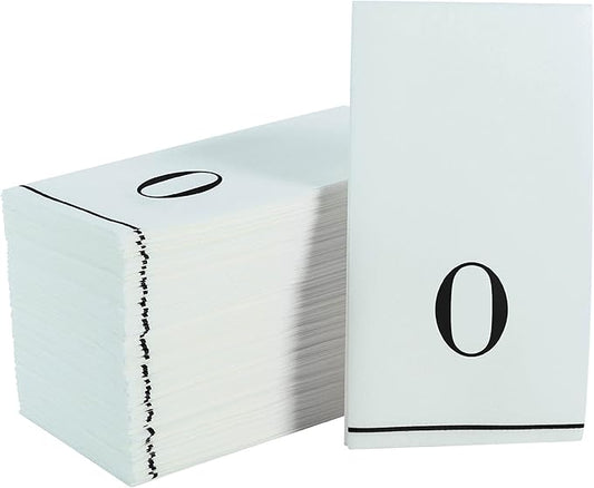 Luxe Party 112 Pack Monogram Napkins | Letter O Initial | Disposable | Premium Airlaid | Linen Feel | Decorative Table Setting | Guest Towel Napkin | White and Black
