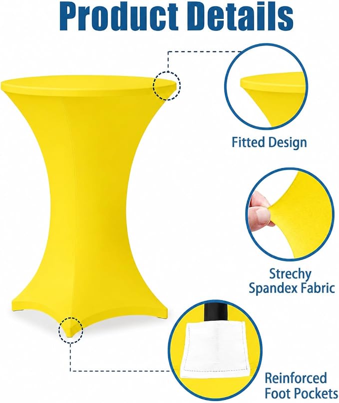 Cocktail Table Covers - 6 Pack 32x43 Inch Table Cloth - Yellow Fitted Stretch Spandex Round High Top Tablecloth for Party, Bar, Birthday, Pub, Banquet